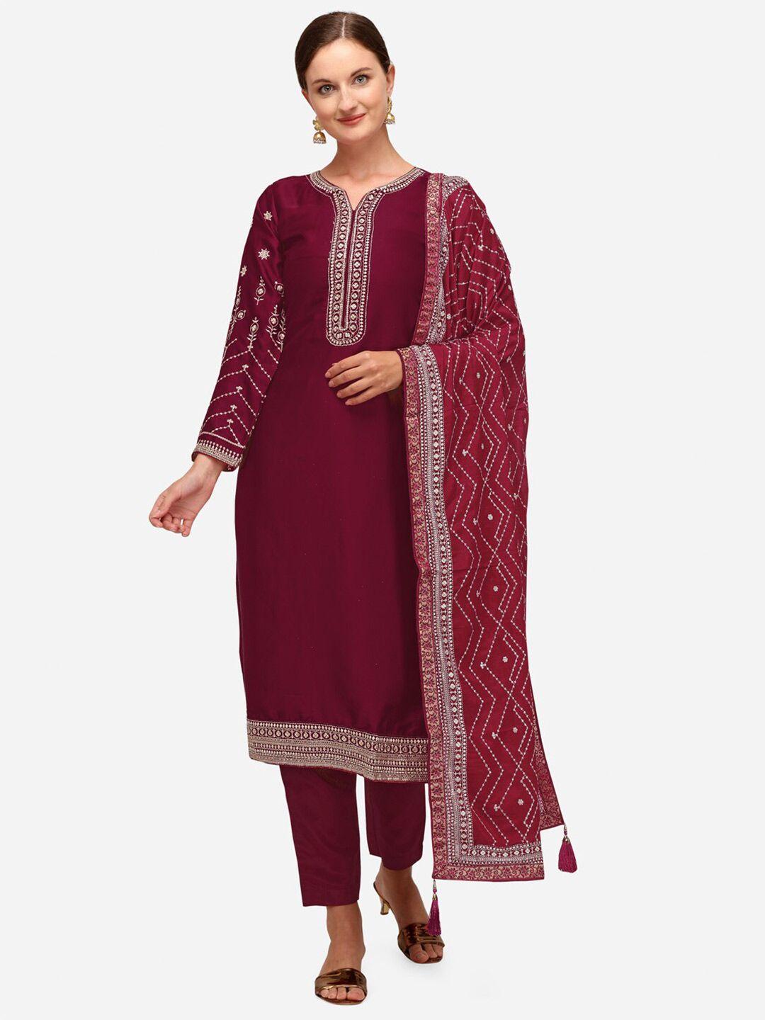 jatriqq women burgundy & silver embroidered silk georgette unstitched dress material