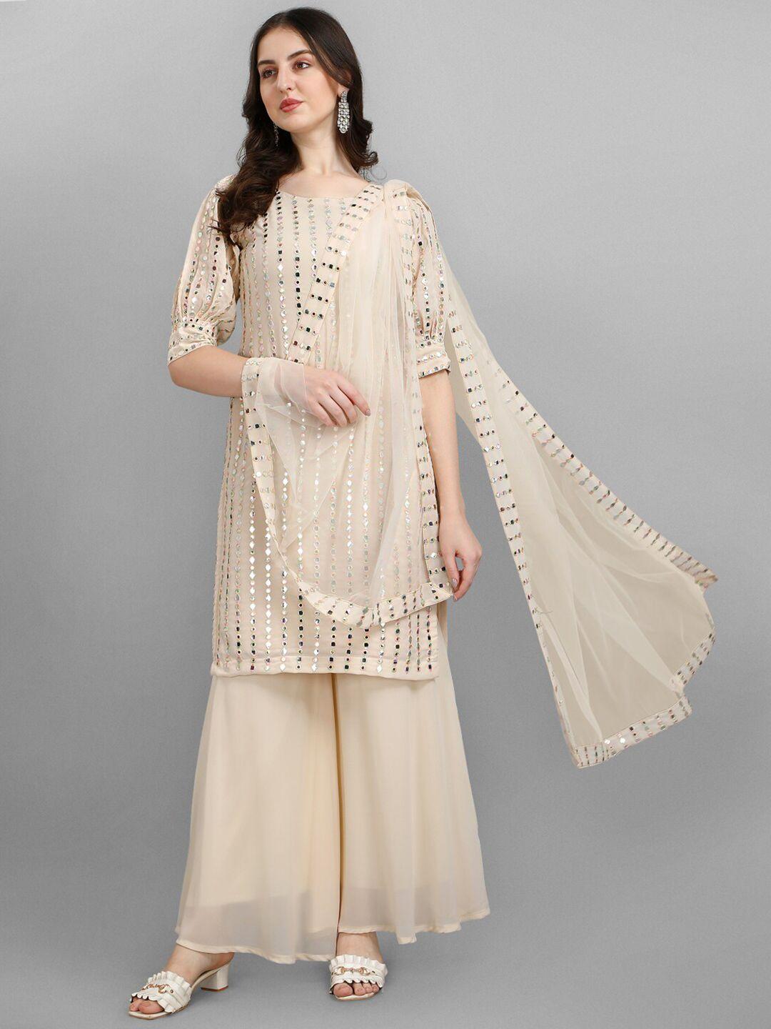 jatriqq beige & gold-toned embellished silk georgette semi-stitched dress material