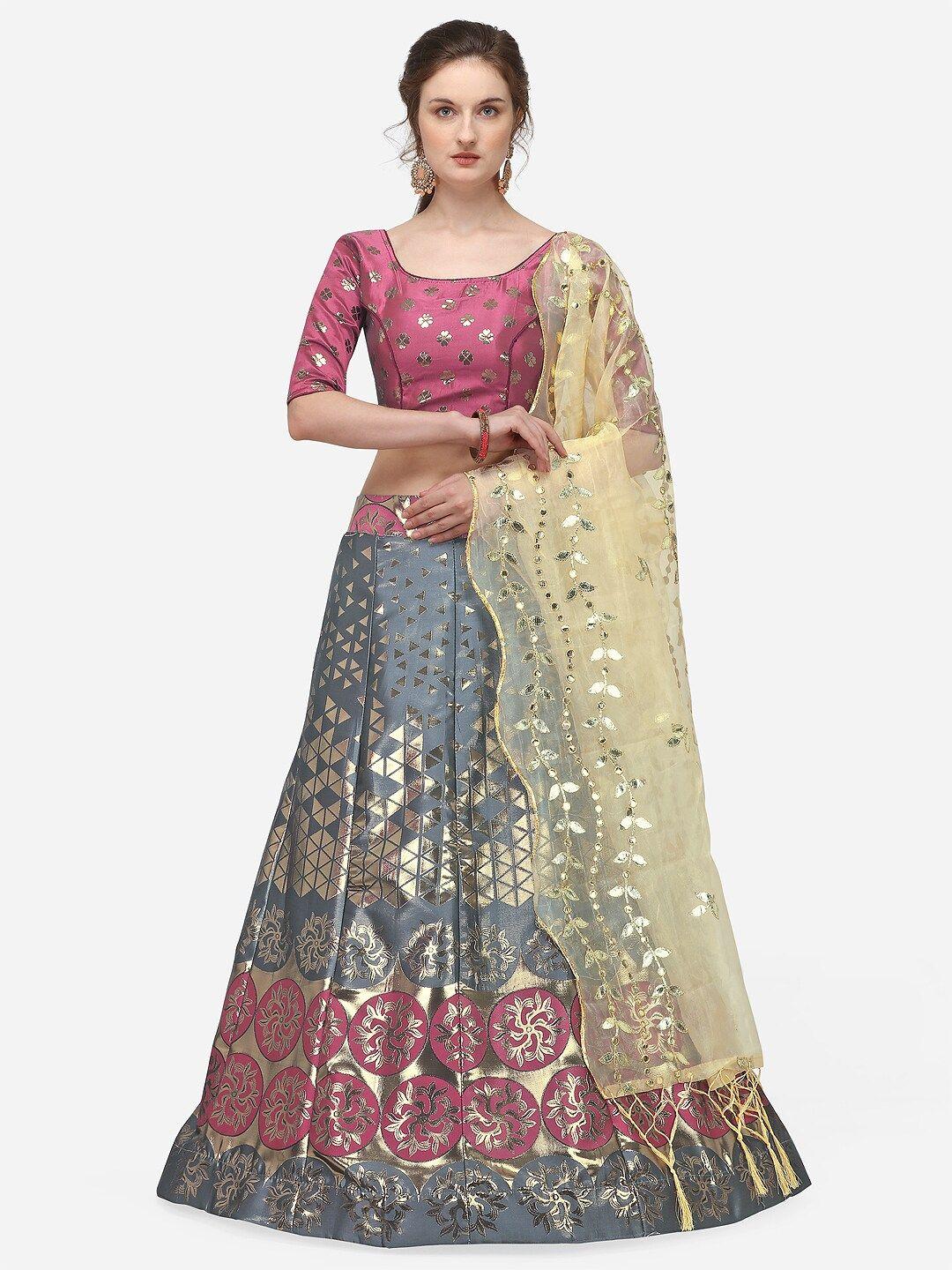 jatriqq grey & pink woven design semi-stitched lehenga & unstitched blouse with dupatta