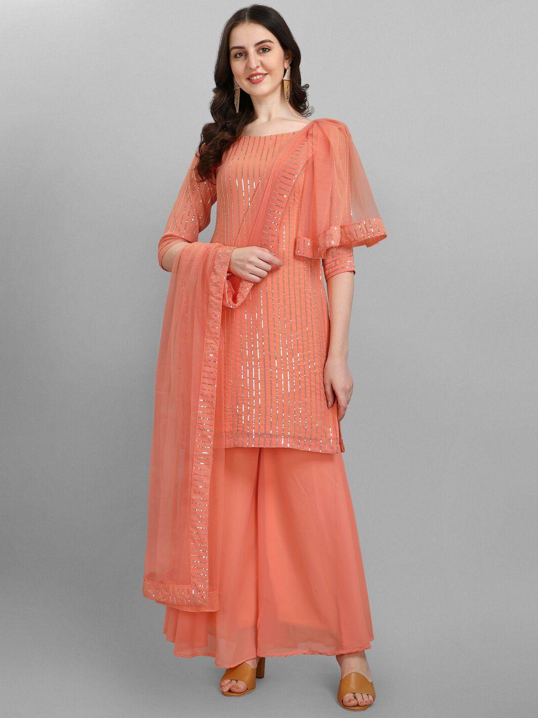 jatriqq peach-coloured & gold-toned embellished semi-stitched dress material