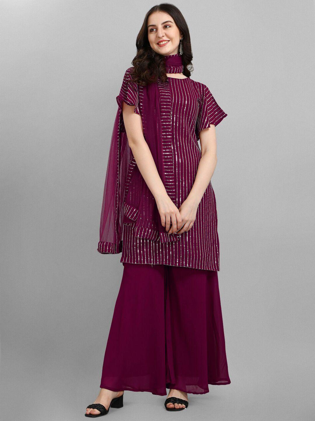 jatriqq purple & silver-toned embroidered silk georgette semi-stitched dress material