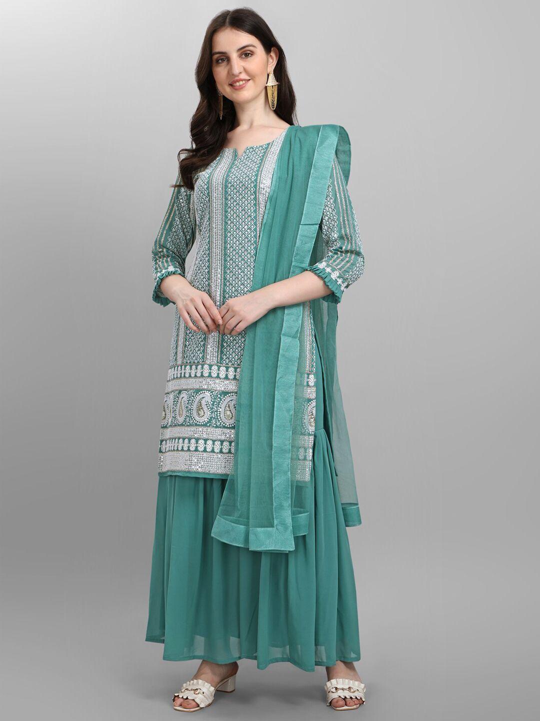jatriqq turquoise blue & white embroidered silk georgette semi-stitched dress material