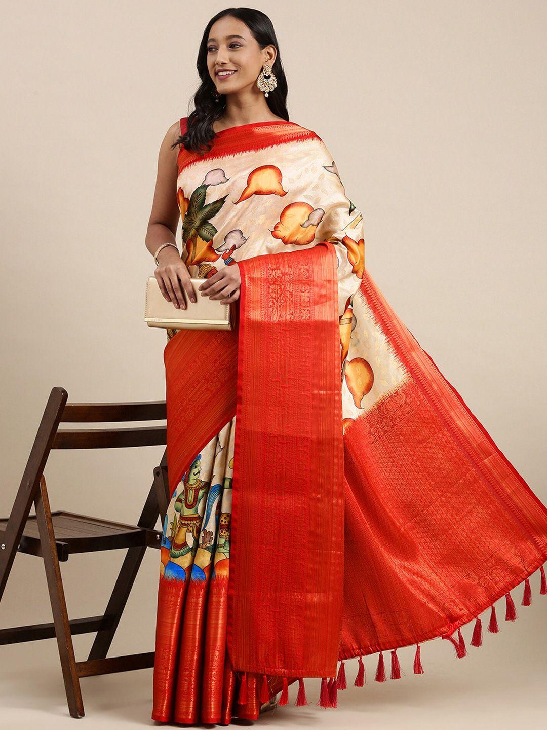 jatriqq white & red kalamkari zari art silk kanjeevaram saree