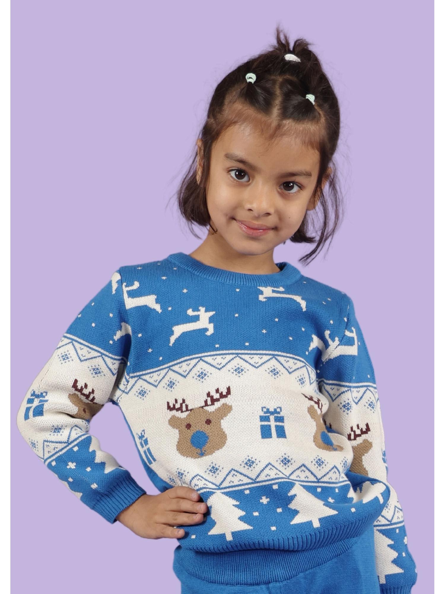 jaunty reindeer cotton jacquard sweater greek blue