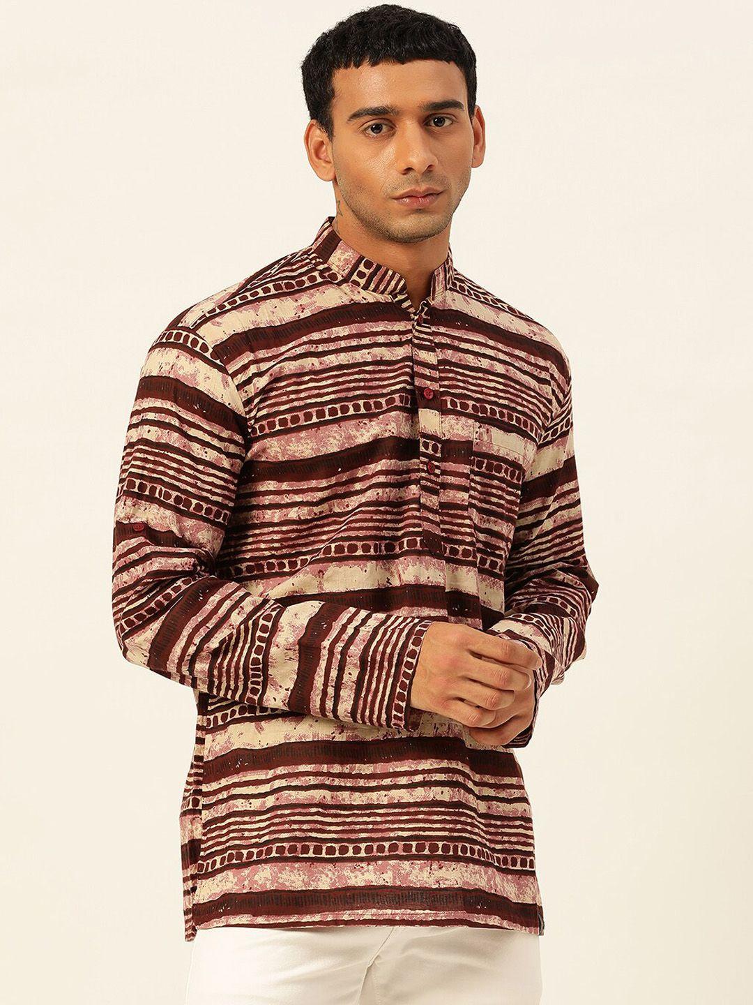 javinishka men brown striped flared sleeves thread work kurta