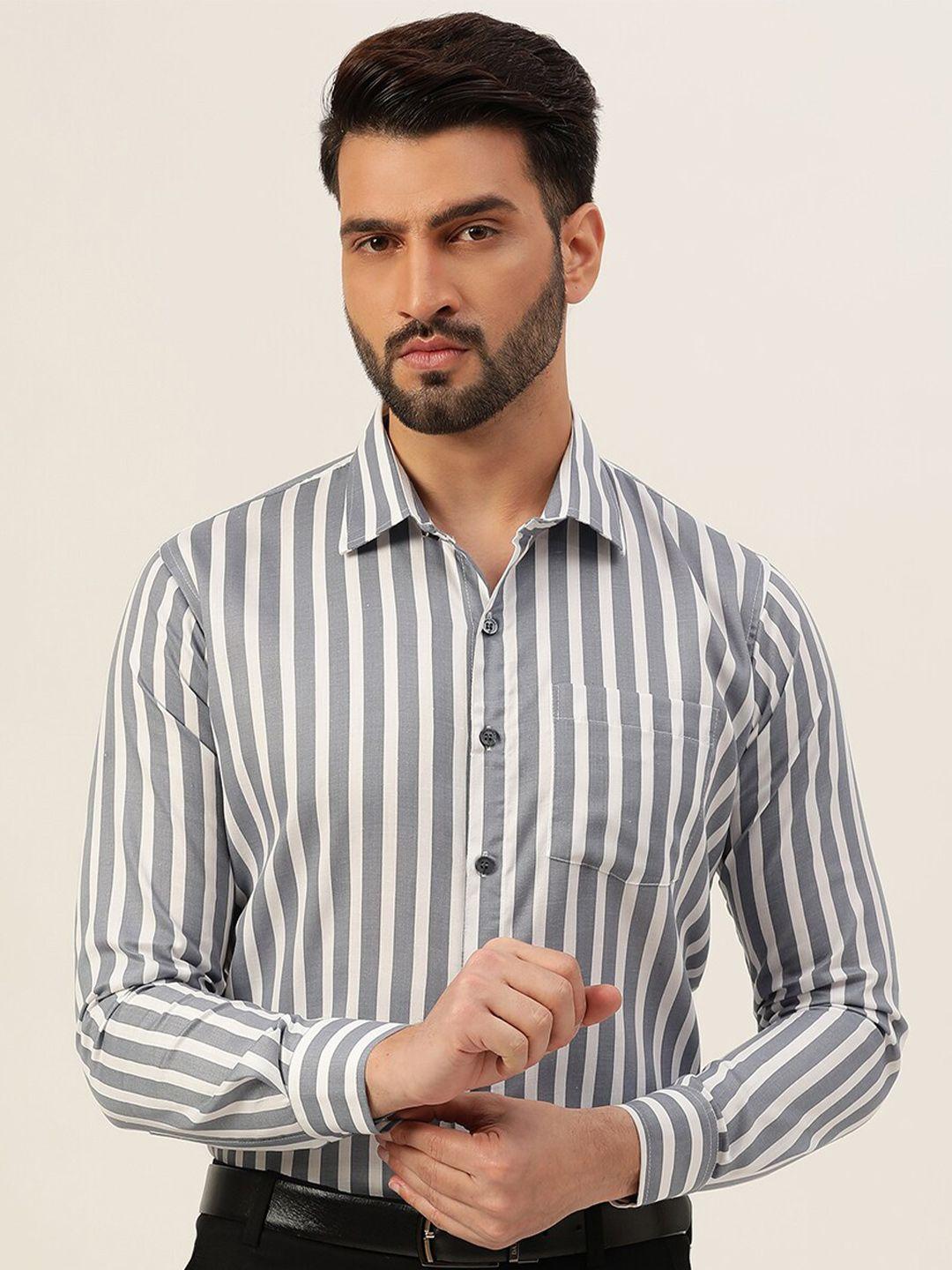 javinishka men grey classic slim fit opaque striped formal shirt