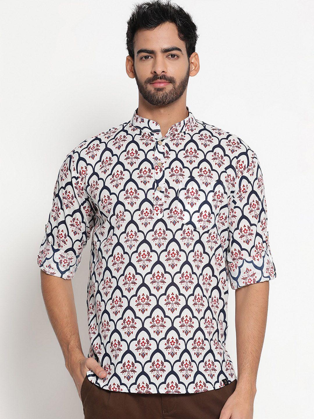 javinishka men white printed thread work kurta