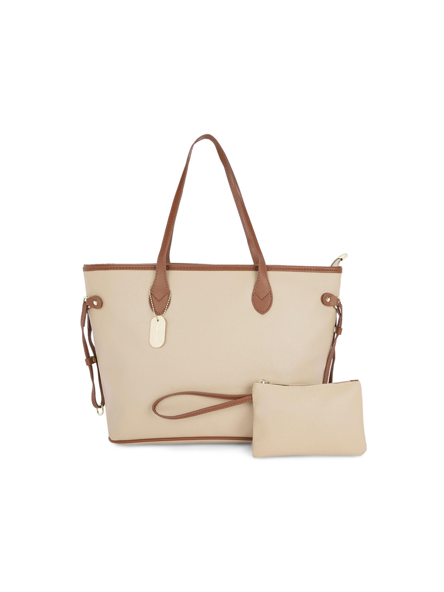 jayla beige solid tote bag with pouch (l)