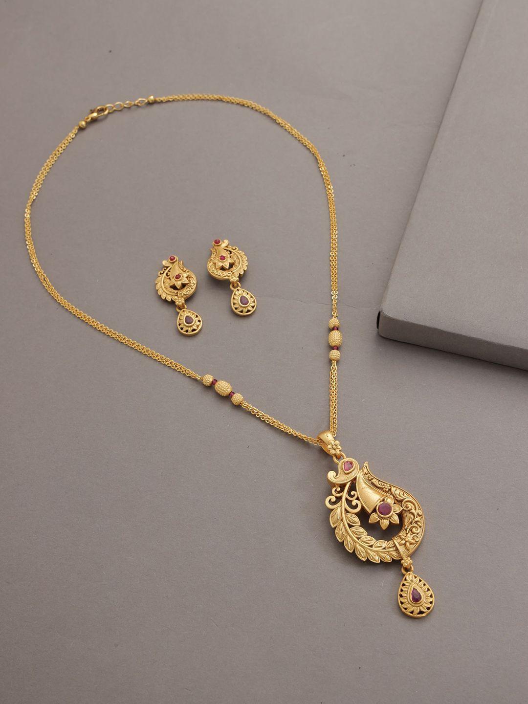 jazz and sizzle gold-plated maroon stone-studded jewellery set