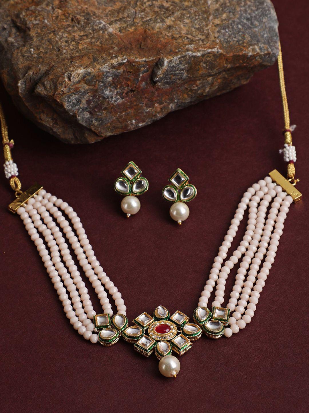 jazz and sizzle gold-plated pink & green kundan-studded & beaded jewellery set
