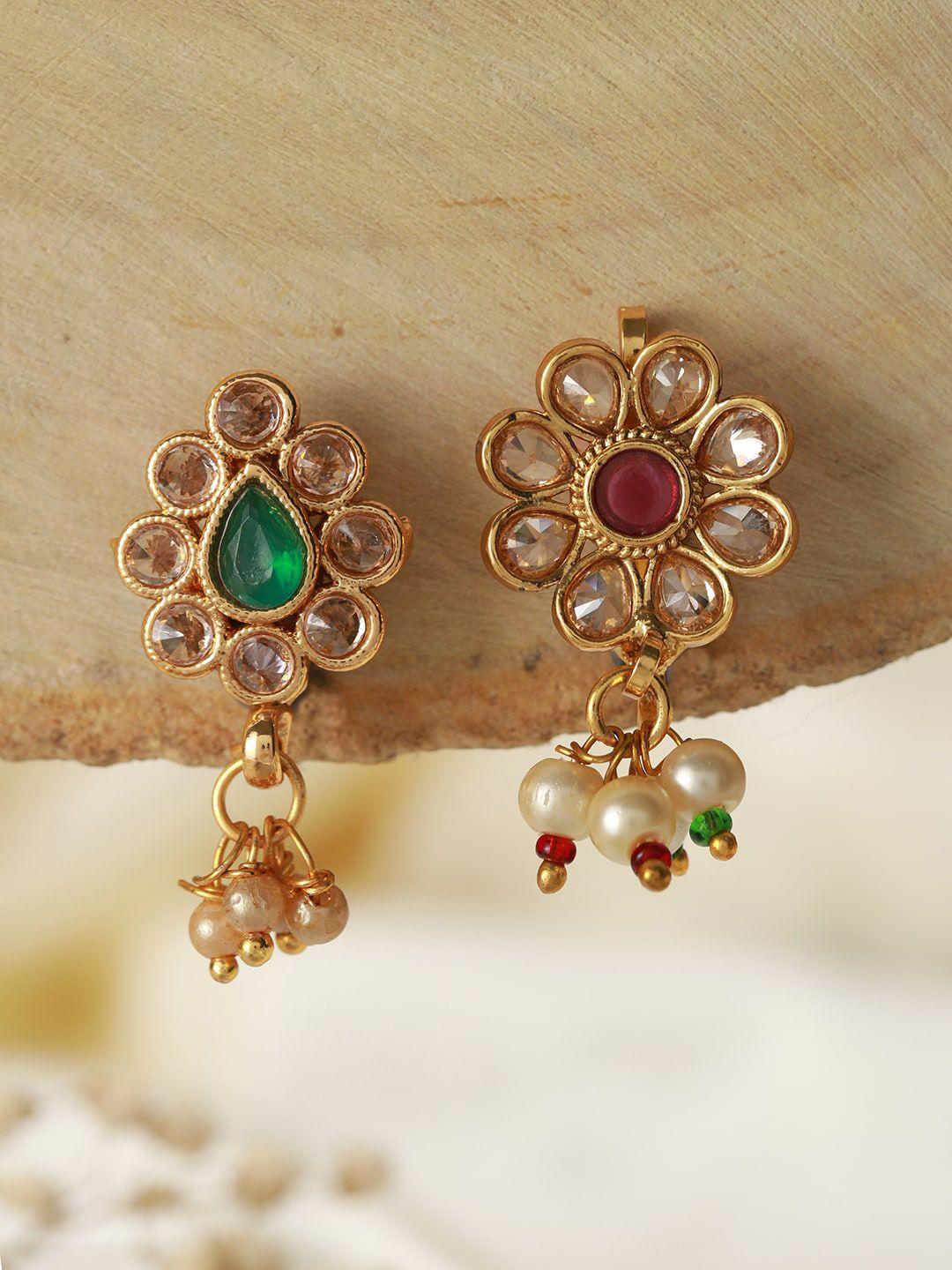jazz and sizzle set of 2 gold-plated kundan-studded stud nosepin