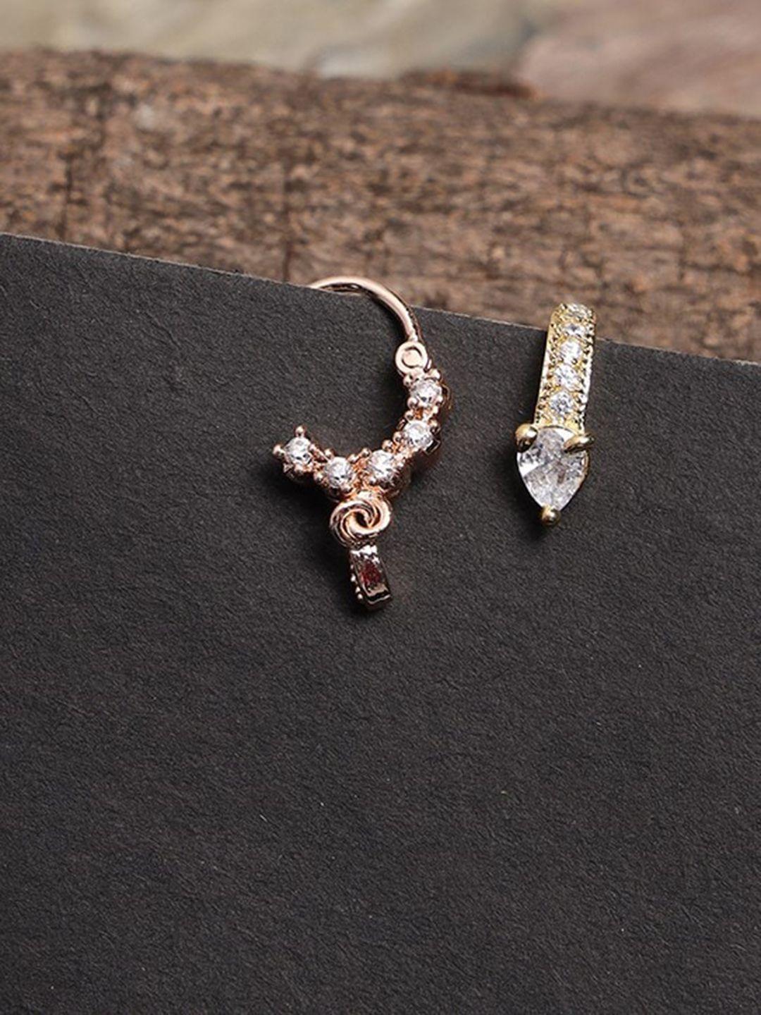jazz and sizzle set of 2 rose gold-plated white cz stone-studded nosepin