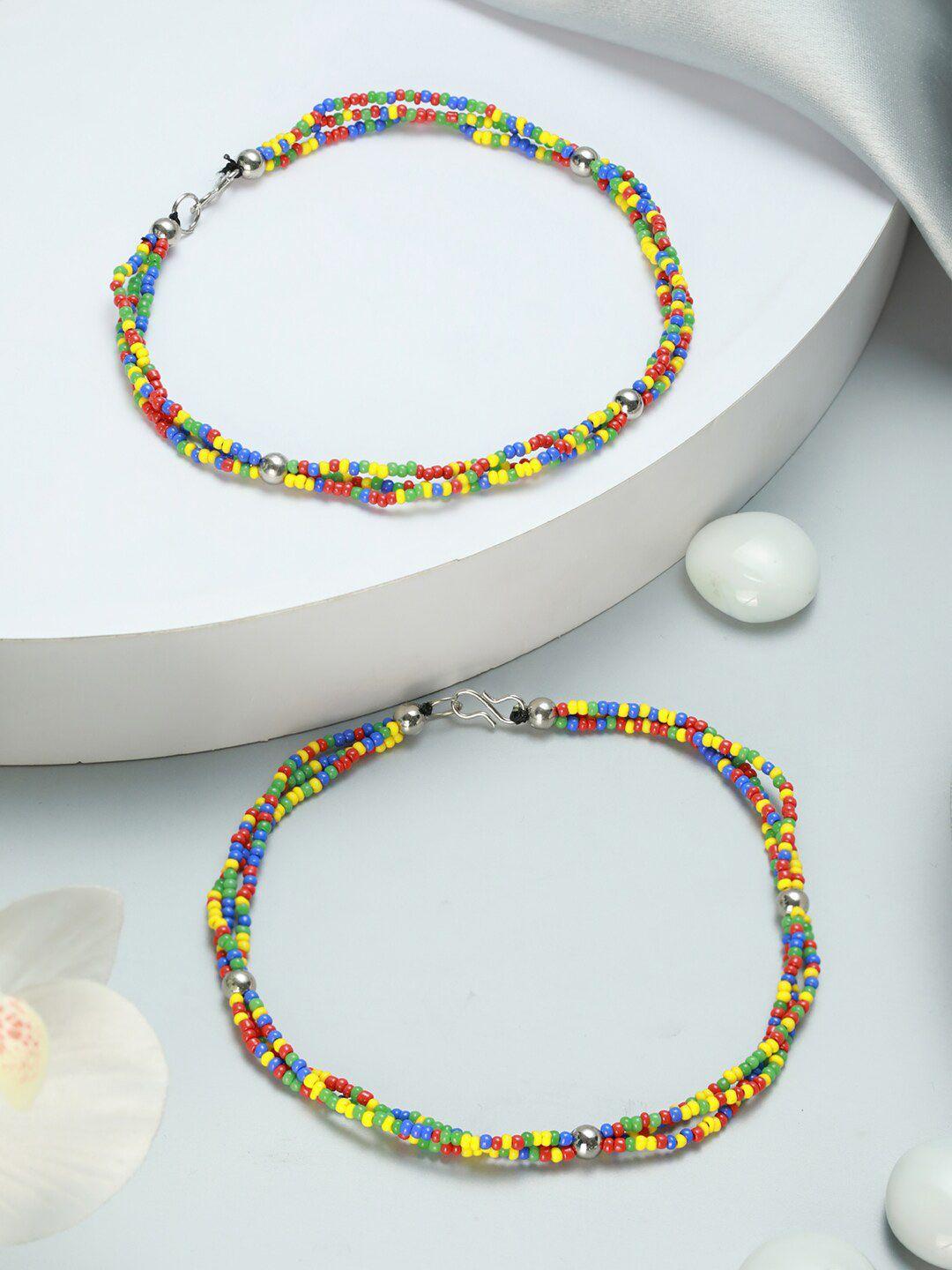 jazz and sizzle set of 2 silver-plated blue & yellow beaded anklets