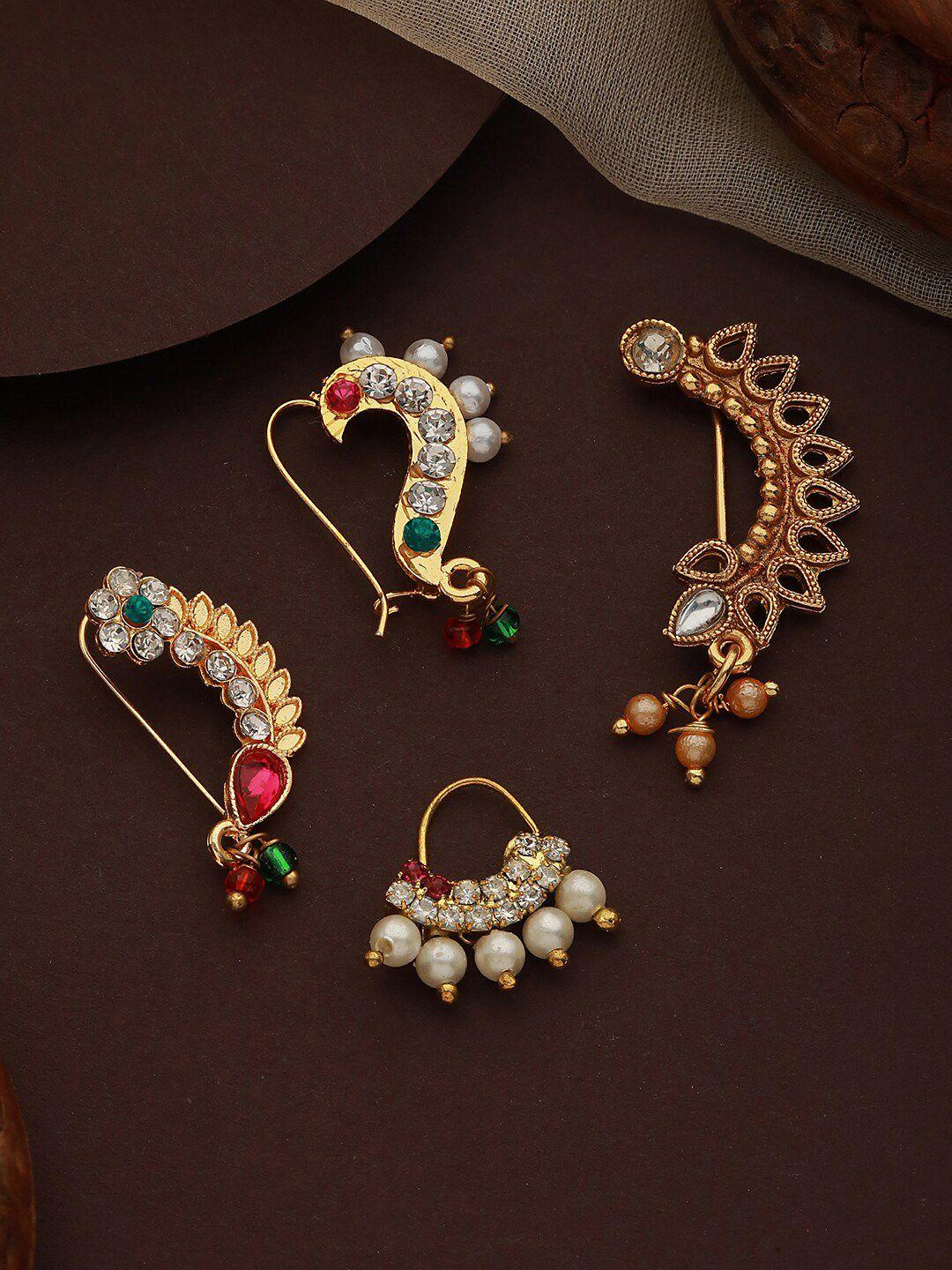 jazz and sizzle set of 4 gold-plated stone-studded & beaded nosepin