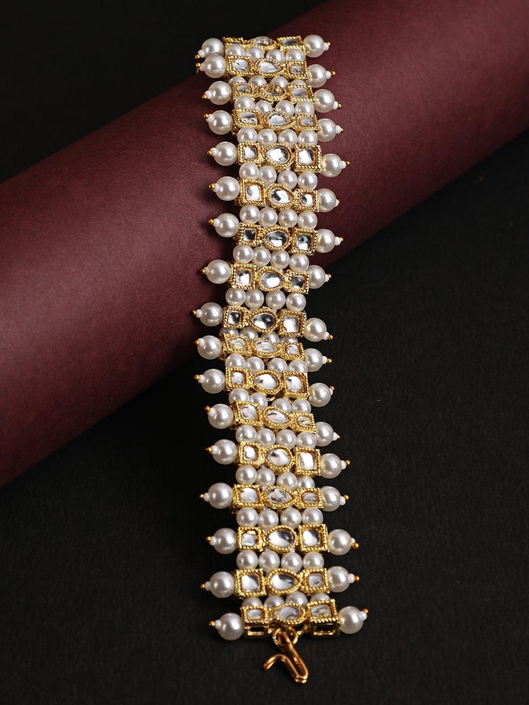 jazz and sizzle women gold-toned & white pearl & stone studded wraparound bracelet