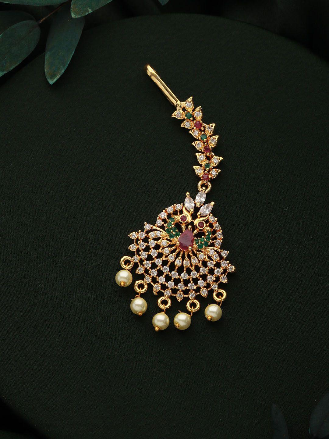 jazz and sizzle 24kt gold-plated ad studded & beaded maang tikka
