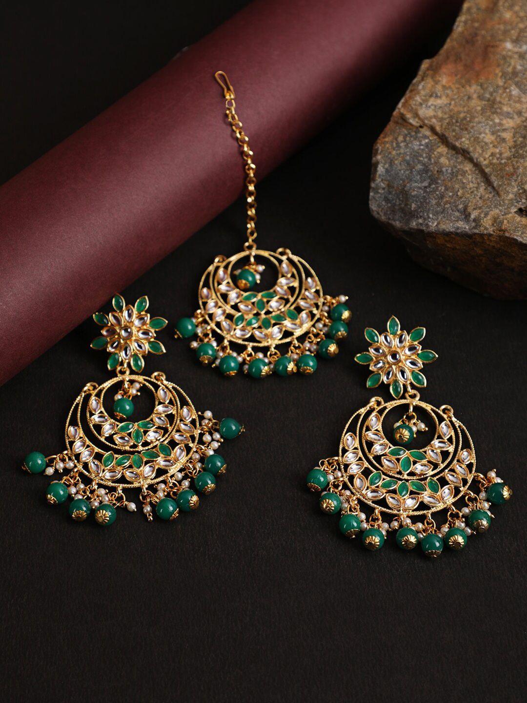 jazz and sizzle gold-plated green kundan-studded & pearl beaded maangtikka & earrings set