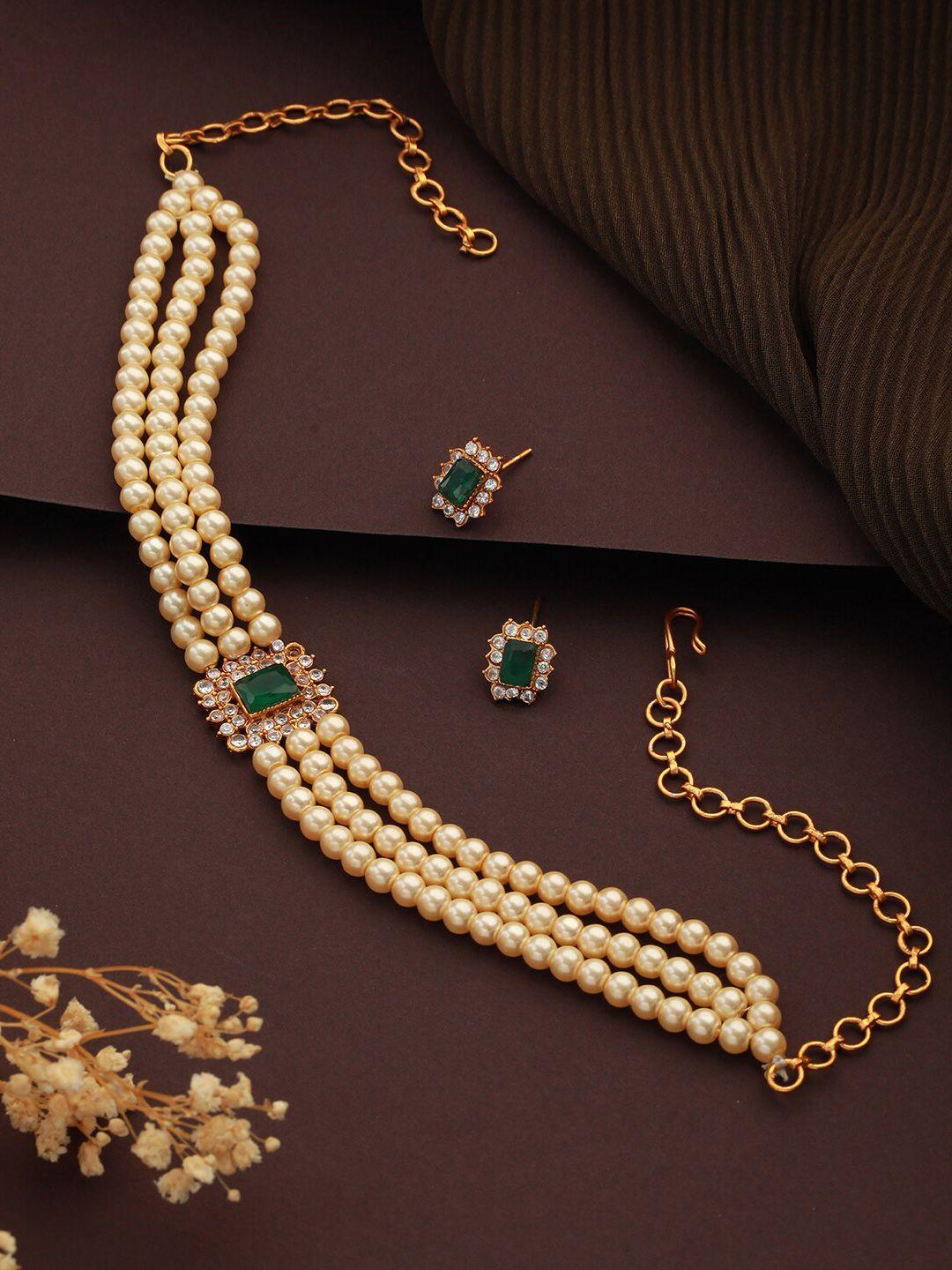 jazz and sizzle gold-plated green stone-studded & beaded choker necklace & earrings