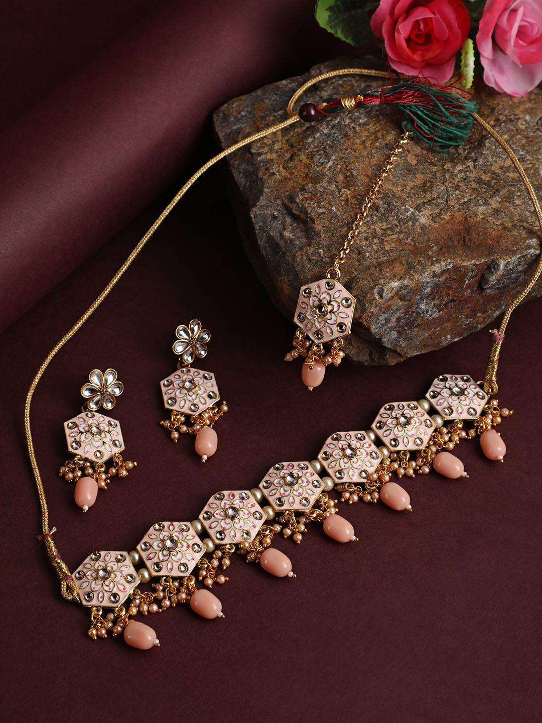 jazz and sizzle gold-plated peach & pink meenakari jewellery set with maangtika