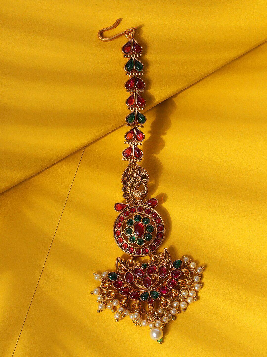 jazz and sizzle gold-plated red & green kemp-studded & pearl beaded peacock maangtikka