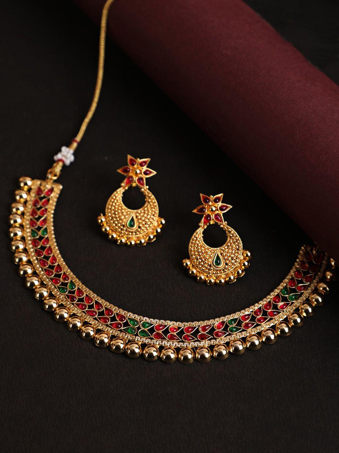 jazz and sizzle gold-plated red & green stone studded handcrafted jewellery set
