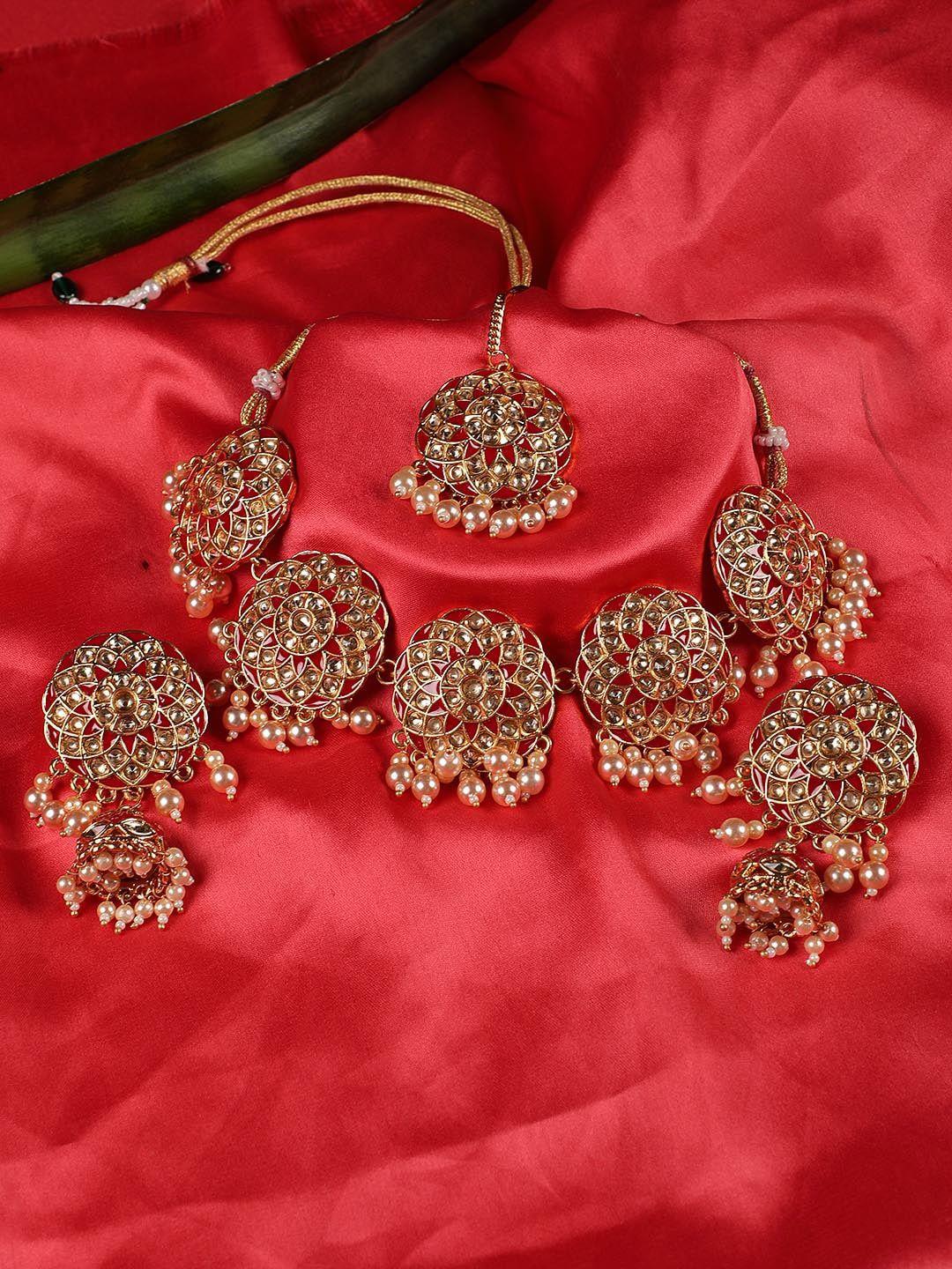 jazz and sizzle gold-plated red & white stone studded & beaded jewellery set