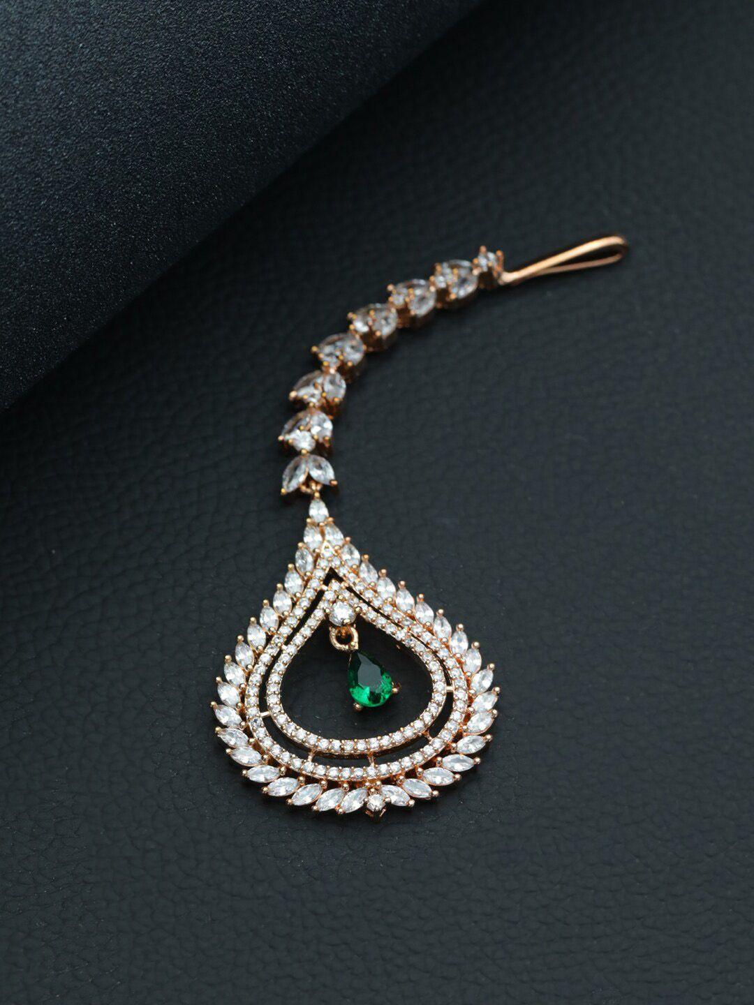 jazz and sizzle gold-plated white & green ad-studded handcrafted maang tikka