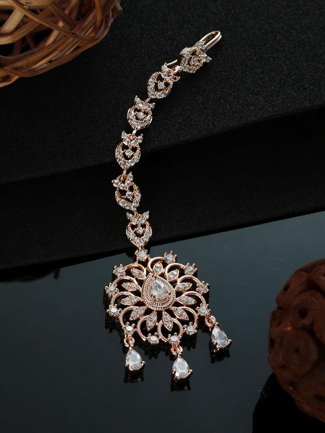 jazz and sizzle rose gold-plated & white american diamond studded maangtikka