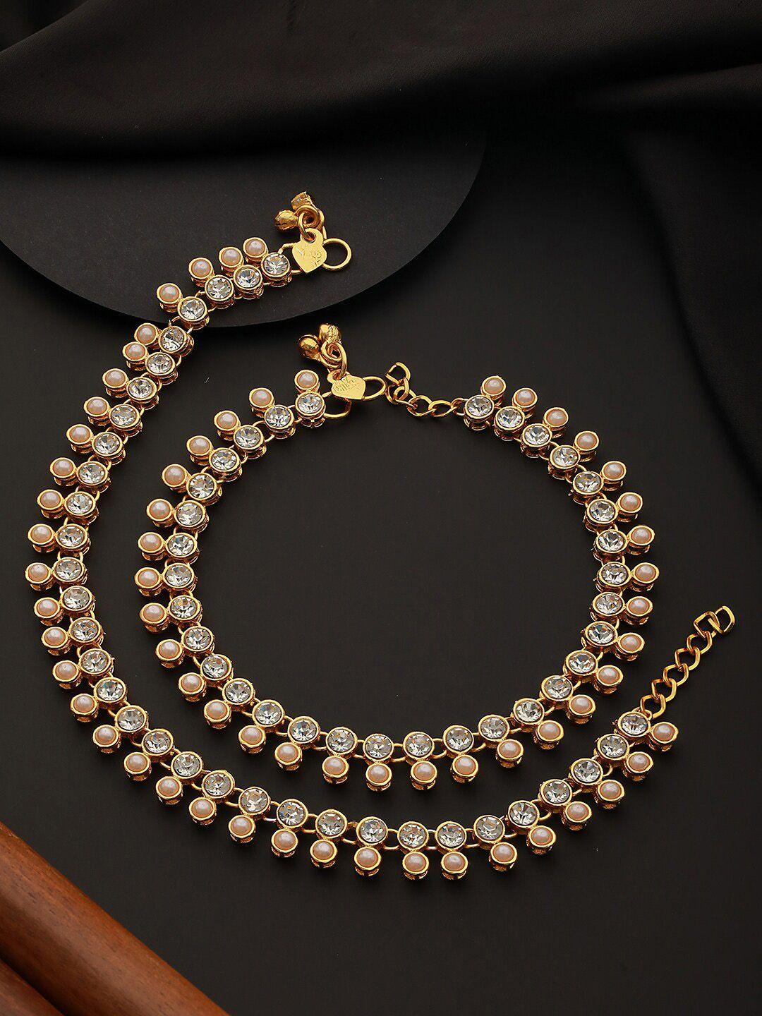 jazz and sizzle set of 2 gold-plated kundan-studded & pearl beaded anklets