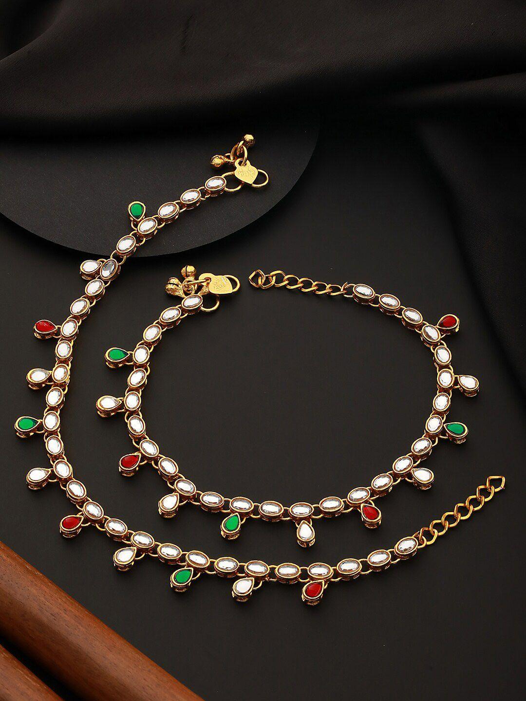 jazz and sizzle set of 2 gold-plated kundan-studded anklets