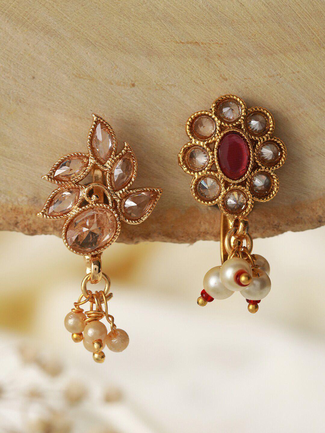 jazz and sizzle set of 2 gold-plated kundan studded stud nosepin