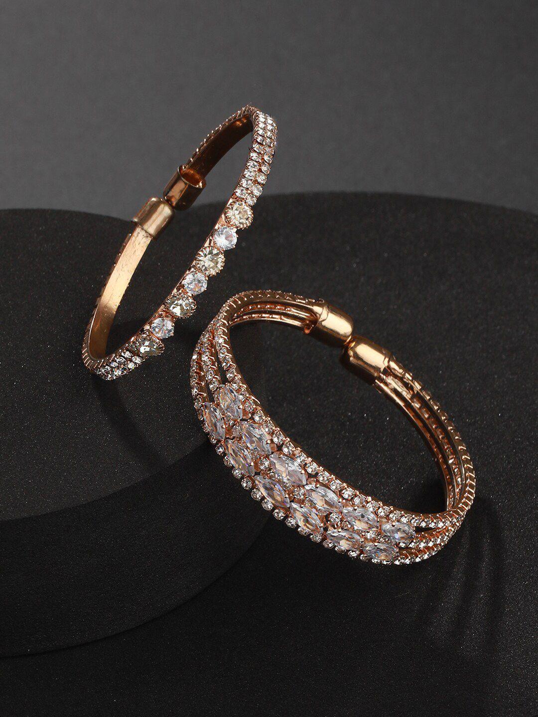 jazz and sizzle set of 2 rose gold-plated crystal studded kada bracelets