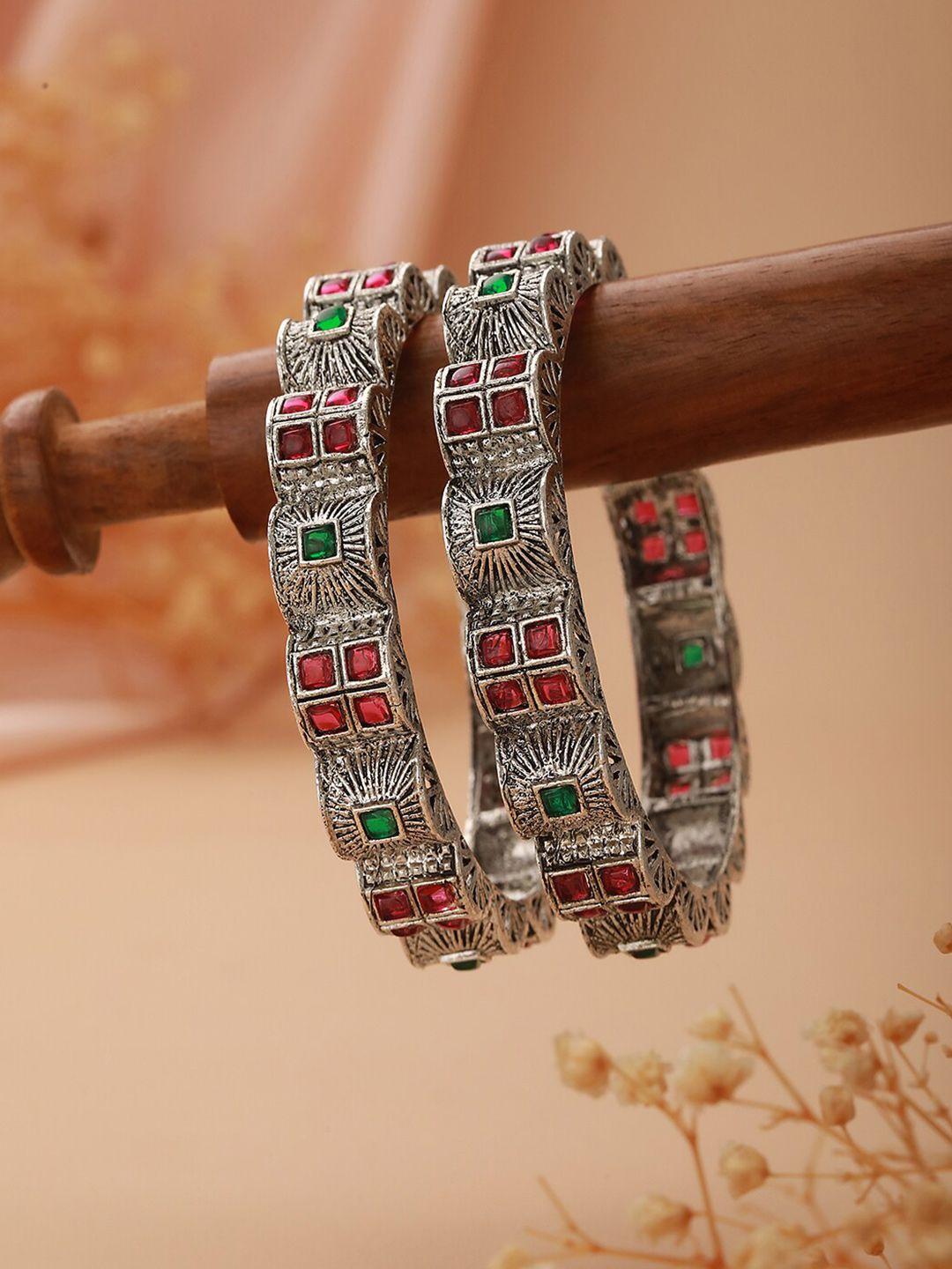 jazz and sizzle set of 2 silver-plated stones studded oxidized bangles