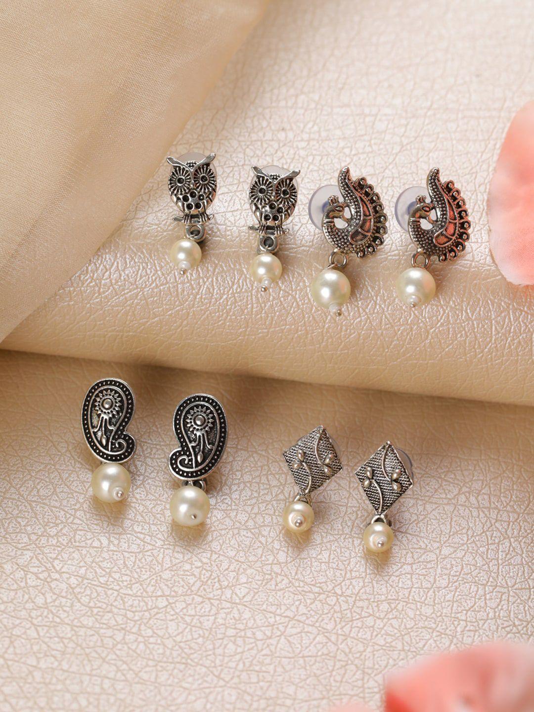 jazz and sizzle set of 4 silver plated & white floral studs earrings