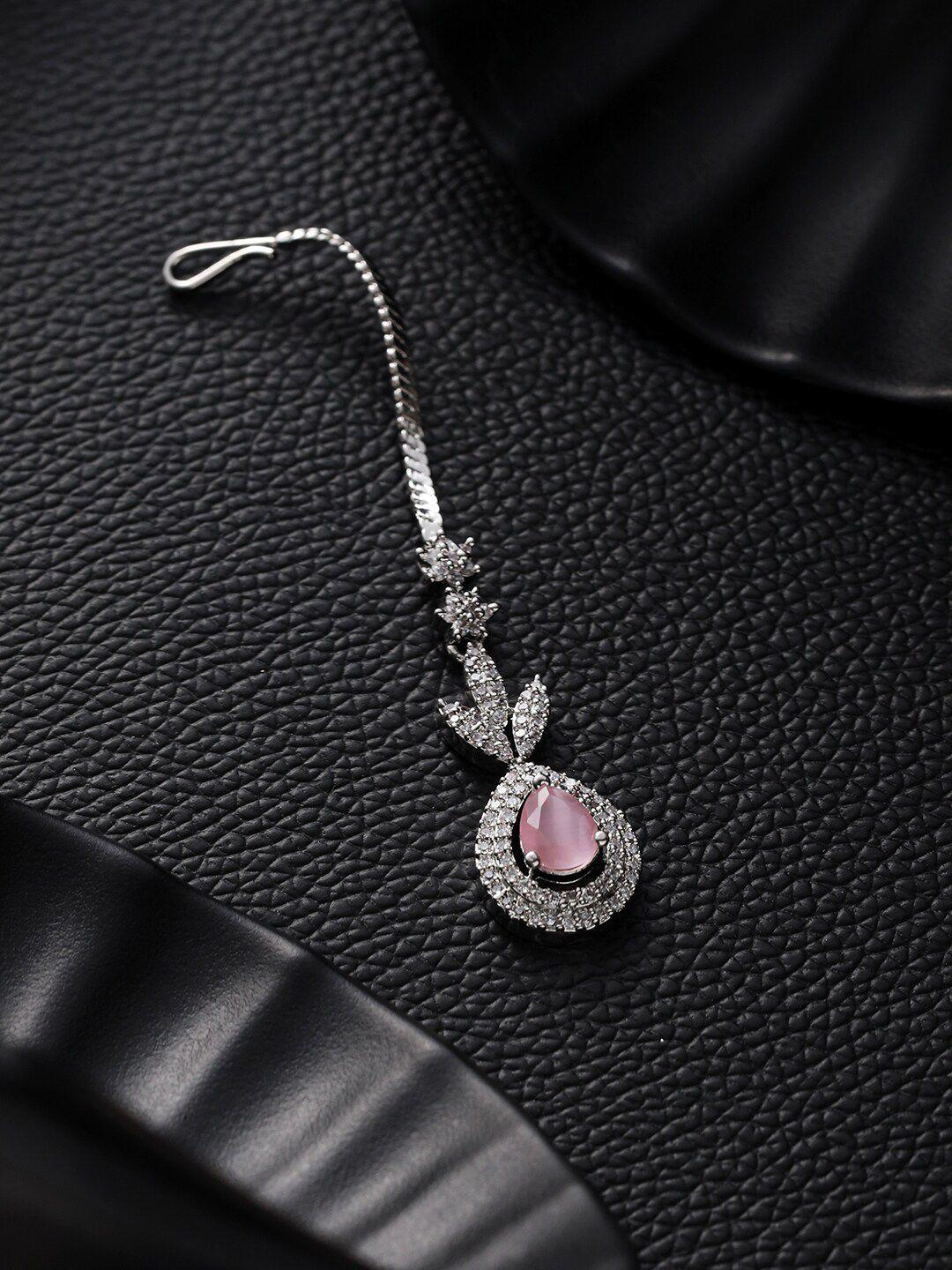 jazz and sizzle silver-plated ad studded teardrop shaped maang tika