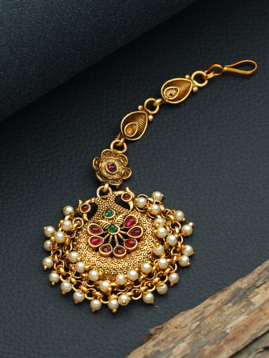 jazz and sizzle women gold-plated green & pink stone studded head jewellery