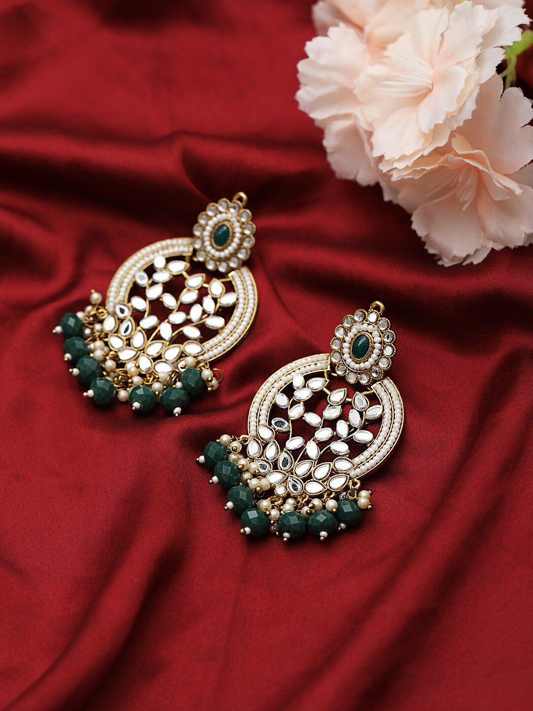 jazz and sizzle women gold-toned & green circular chandbalis earrings