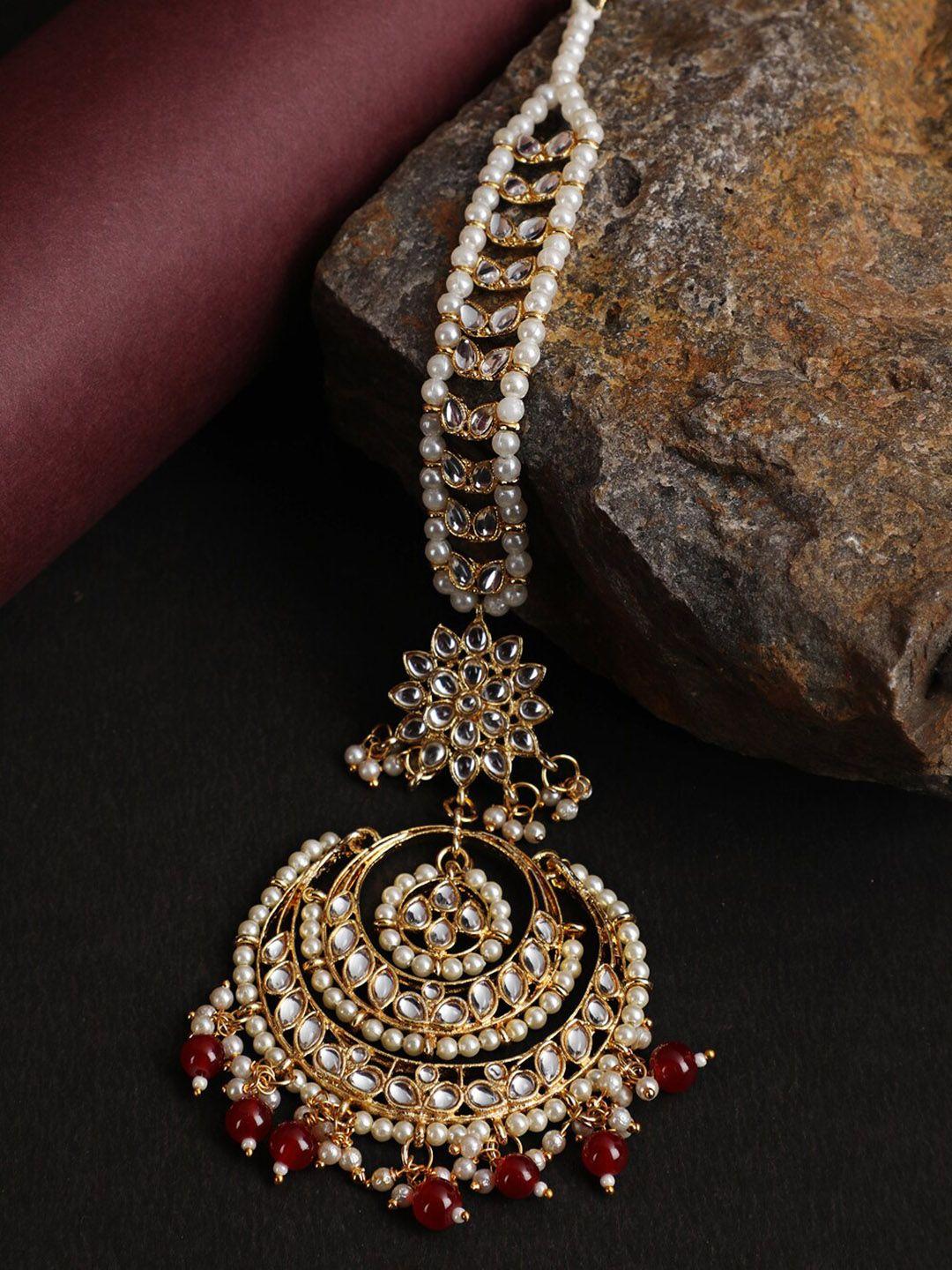 jazz and sizzle women gold-toned & maroon kundan & pearl studded maang tikka