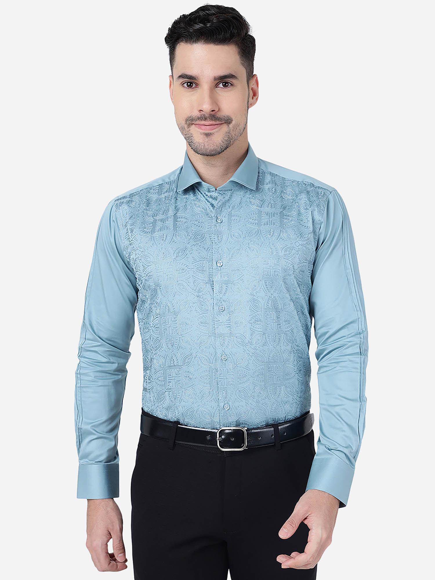 jb mint blue 100% cotton slim fit embroidered formal party wear shirt