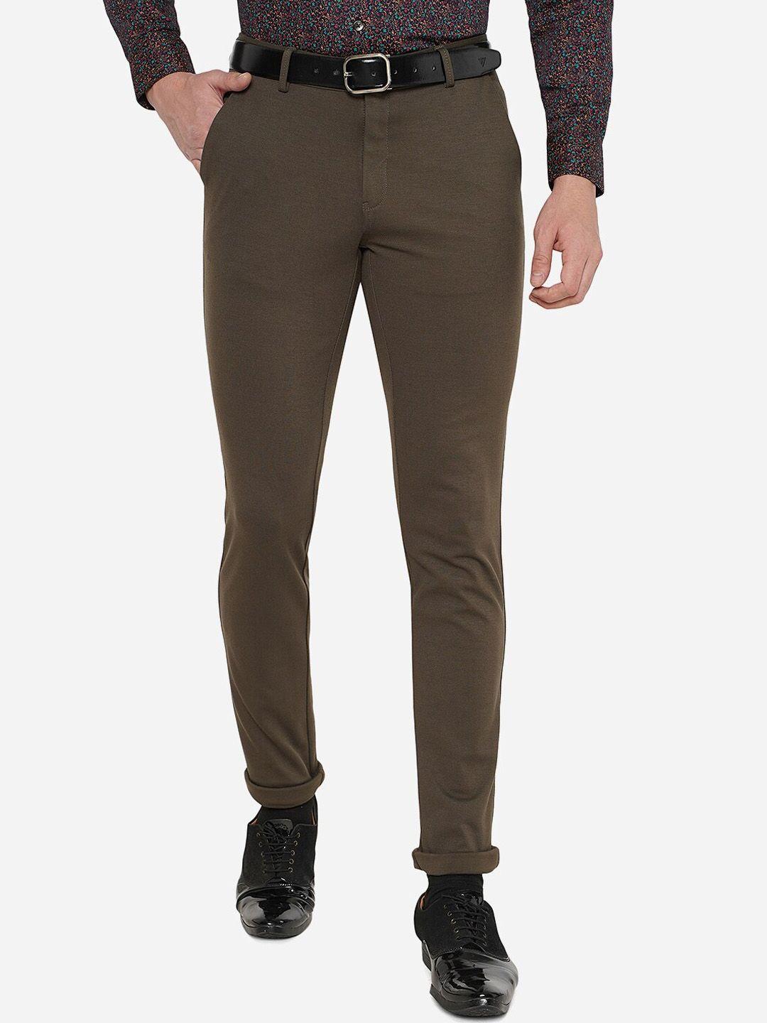 jb studio men brown cotton slim fit trousers