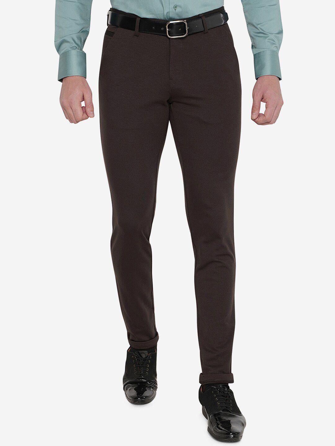 jb studio men brown solid cotton slim fit formal trousers