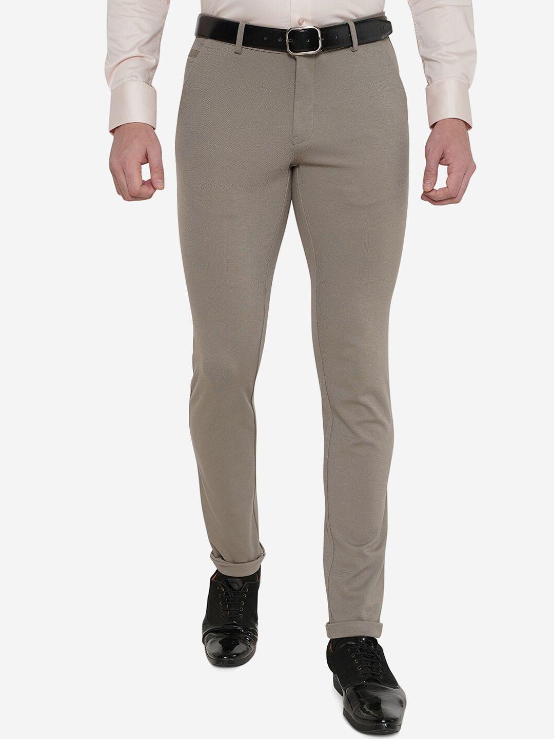 jb studio men grey solid cotton slim fit formal trousers