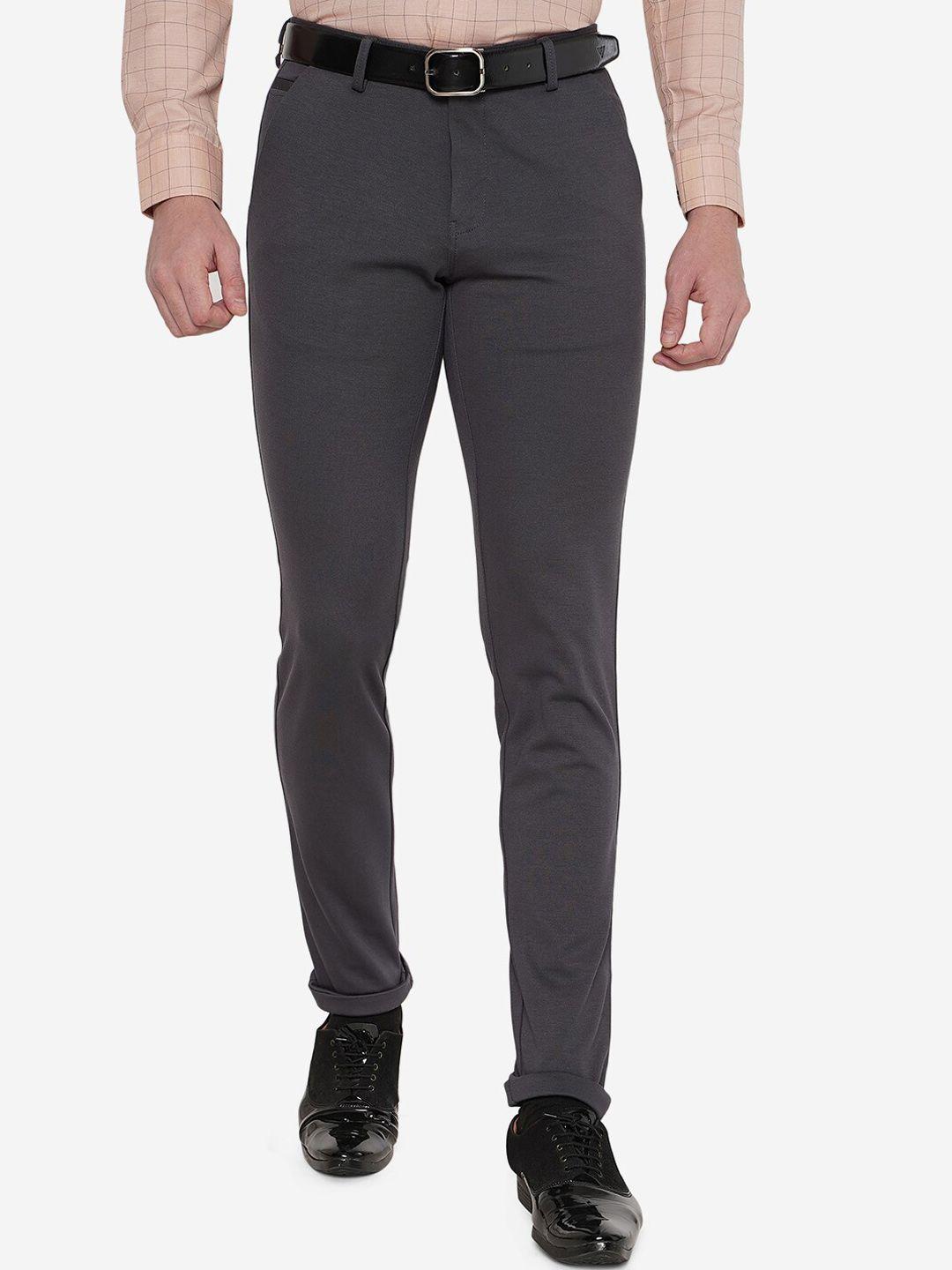 jb studio men grey solid cotton slim fit formal trousers