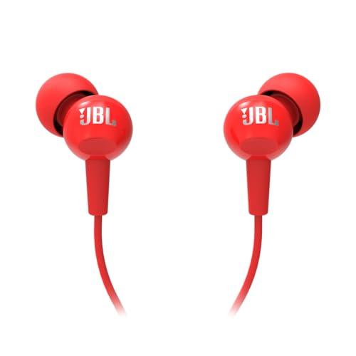 jbl c100si wired in ear headphones with mic, jbl pure bass sound, one button multi-function remote, premium metallic finish, angled buds for comfort fit (red)