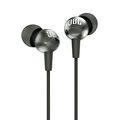 jbl c200si, premium in ear wired earphones with mic, signature sound, one button multi-function remote, premium metallic finish, angled earbuds for comfort fit (gun metal)