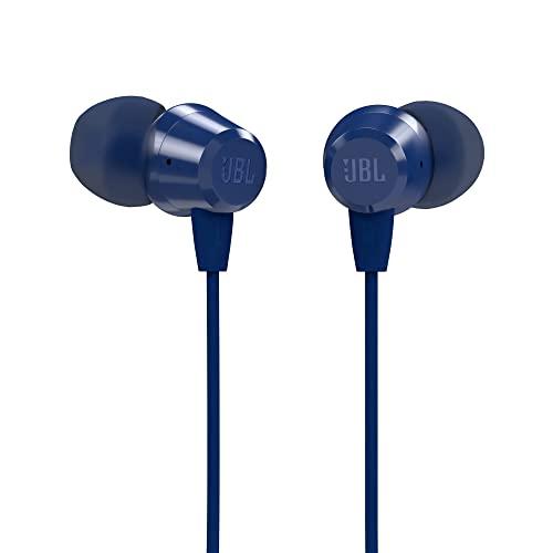 jbl c50hi, wired in ear headphones with mic, one button multi-function remote, lightweight & comfortable fit (blue)