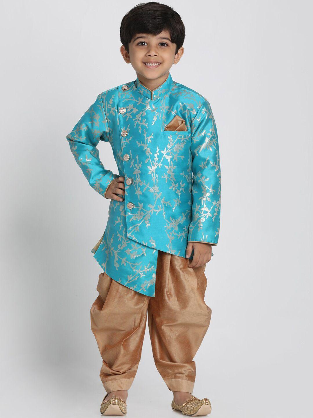 jbn creation boys blue & tan printed slim-fit sherwani with dhoti pants