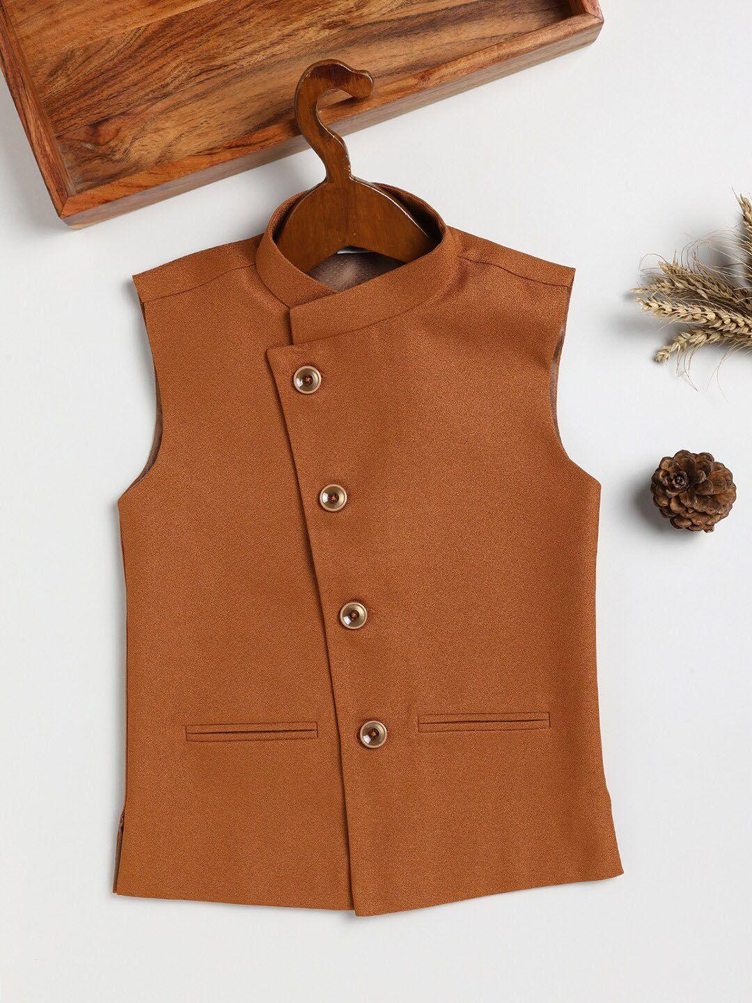 jbn creation boys brown solid woven nehru jacket