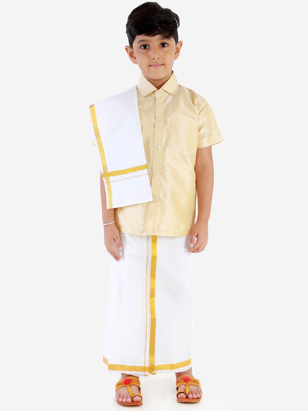 jbn creation boys gold-toned & white shirt with mundu & dupatta