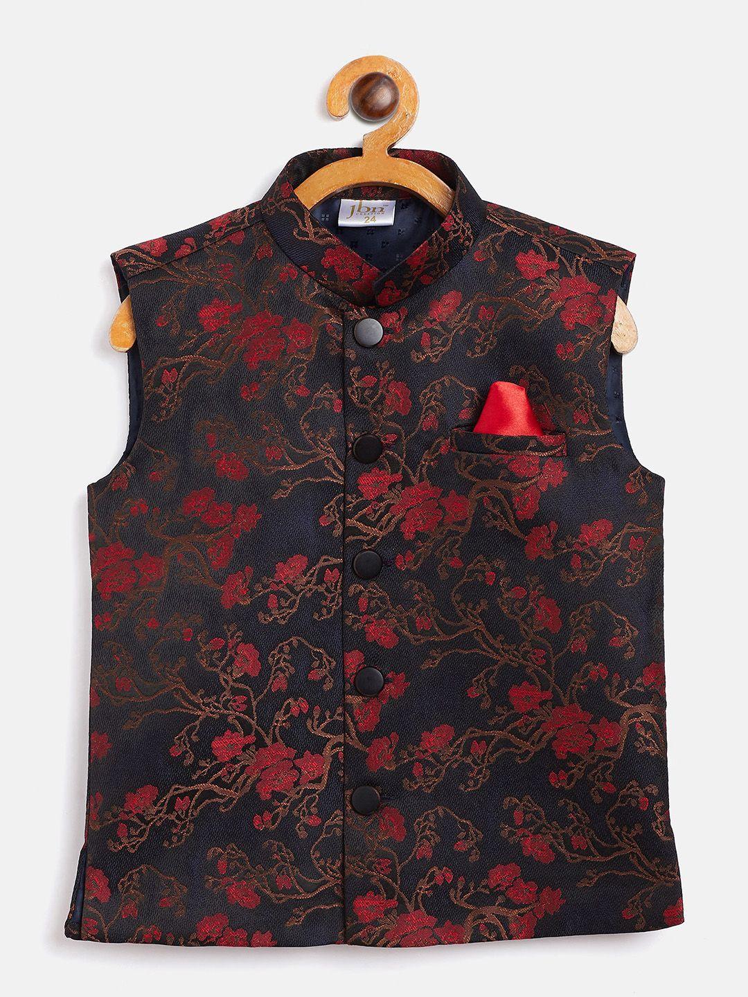jbn creation boys red & black woven design regular-fit nehru jacket